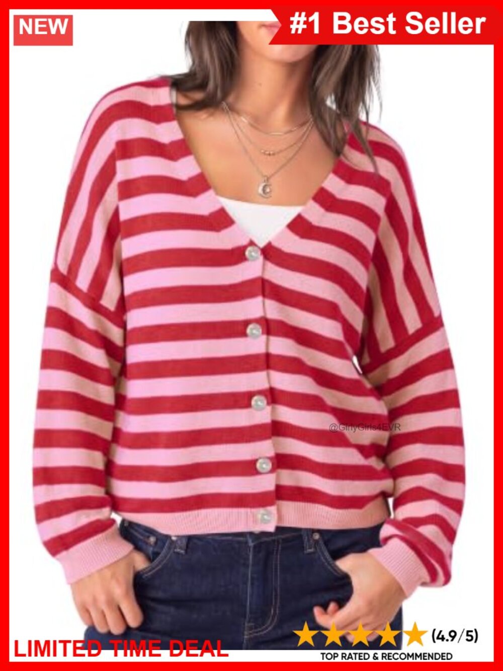 Oversized Striped V Neck Button Down Knit Cardigan Sweater